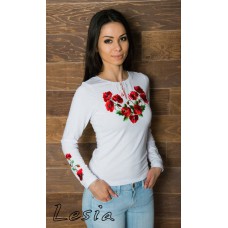Embroidered t-shirt with long sleeves "Meadow of Poppies" on white